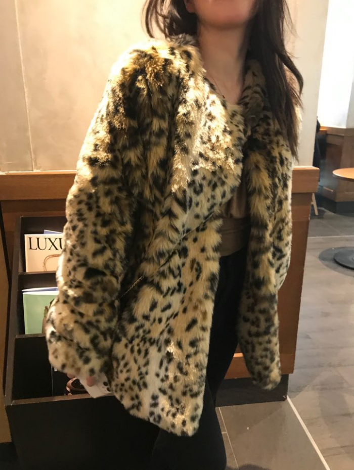 leopard collarless fur jacket